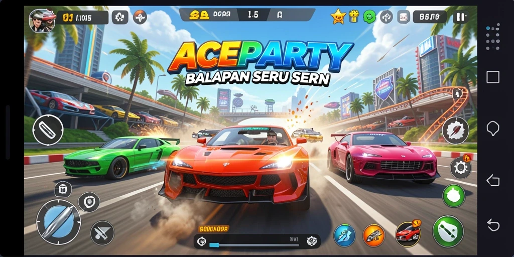 Screenshot gameplay ACEPARTY menunjukkan aksi balapan yang mendebarkan dan grafis tajam.