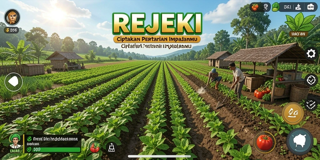 Tampilan gameplay <strong>REJEKI</strong> menampilkan ladang hijau subur dan hewan ternak yang bahagia.