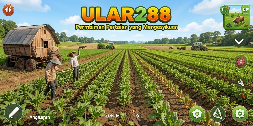 Gameplay ULAR288 yang menampilkan kebun yang indah dan hewan ternak.